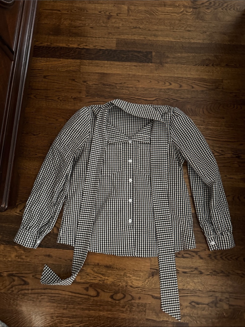 Black and White Gingham Tie-Neck Women's Blouse